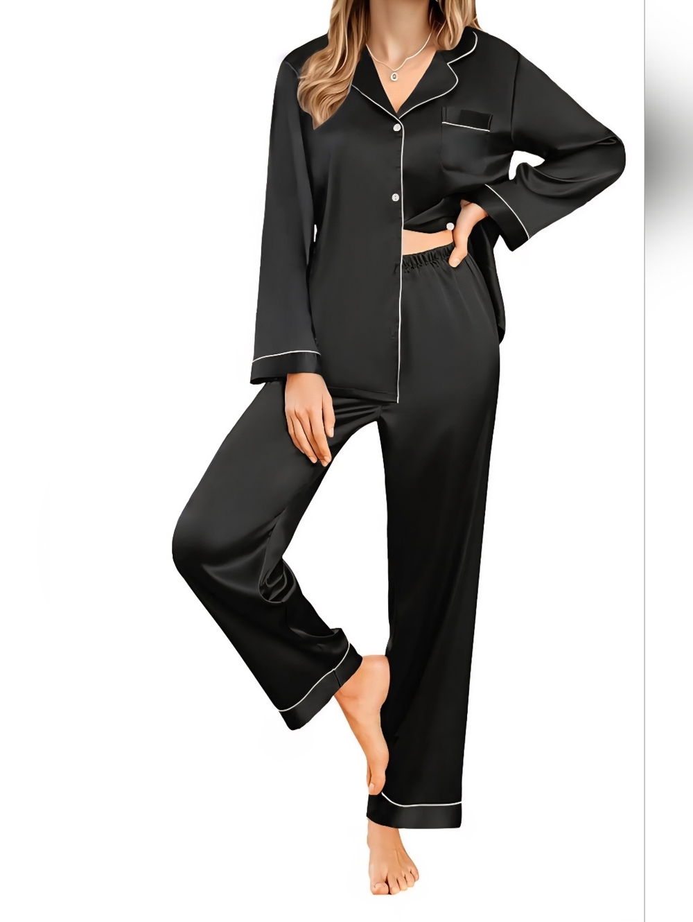 Forever 21 Satin Pajama Set  Large Black Silky Lounge Set - Large